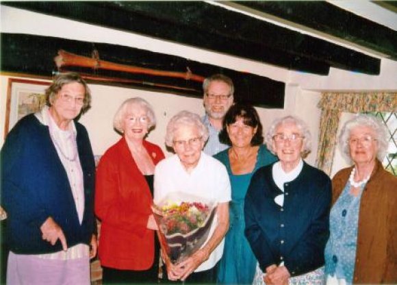 2010 The 'Bon Voyage' gathering which was a surprise for Peggy Bown when she left the village. From left to right, Jennie Whitehead, Lydia Knott, Peggy, Ed Killick, Jan Croft, Millie Mason and Denise Clarke. (photograph courtesy of Stan Clarke)