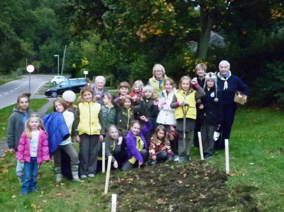 2013 Brown Owl, Brownies and helpers after planting the plug plants on Markfield Lane